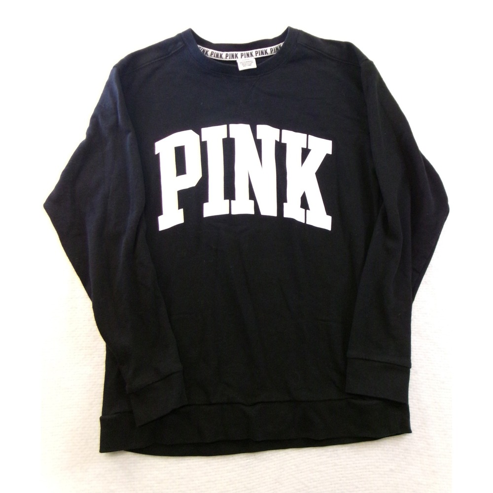 Victoria's Secret PINK Sweatshirt Womens M Black White Logo Crewneck Pullover‎